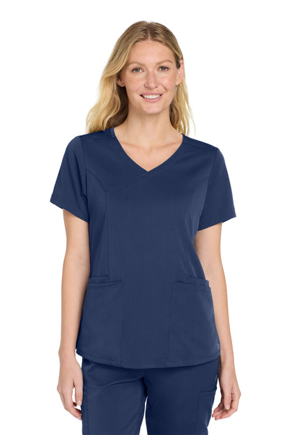 Front View of Navy Wink Women's Premiere Flex Mock Wrap Top WW4268