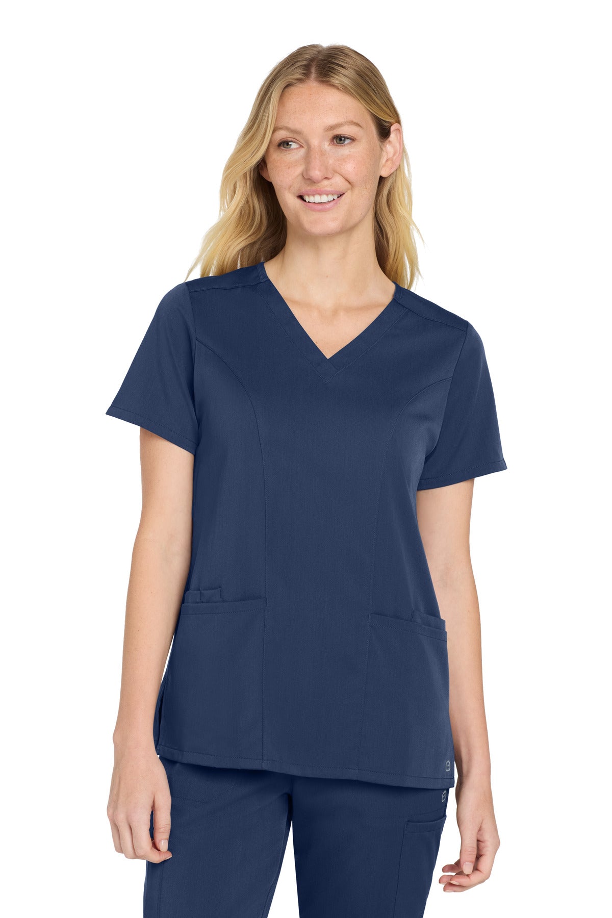 Front View of Navy Wink Women's Premiere Flex V-Neck Top WW4168
