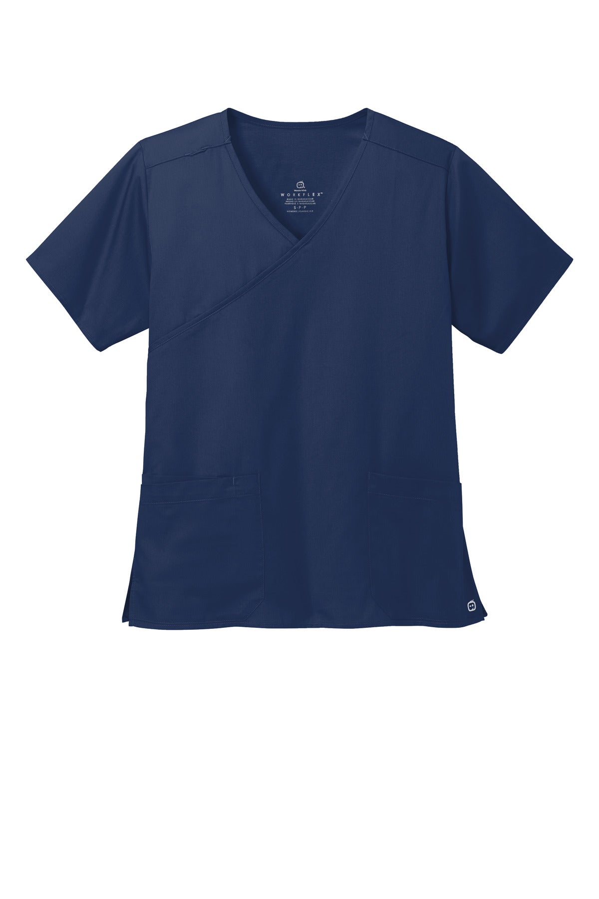 Front View of Navy Wink Women's WorkFlex Mock Wrap Top WW4760
