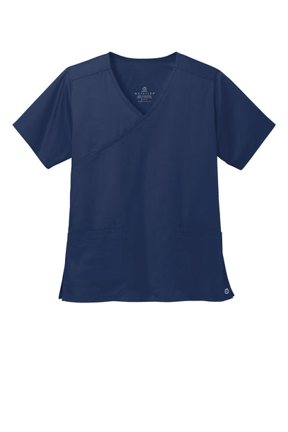 Front View of Navy Wink Women's WorkFlex Mock Wrap Top WW4760