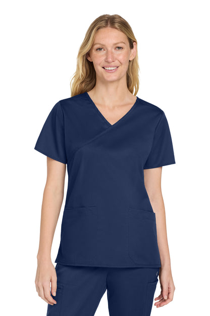 Front View of Navy Wink Women's WorkFlex Mock Wrap Top WW4760