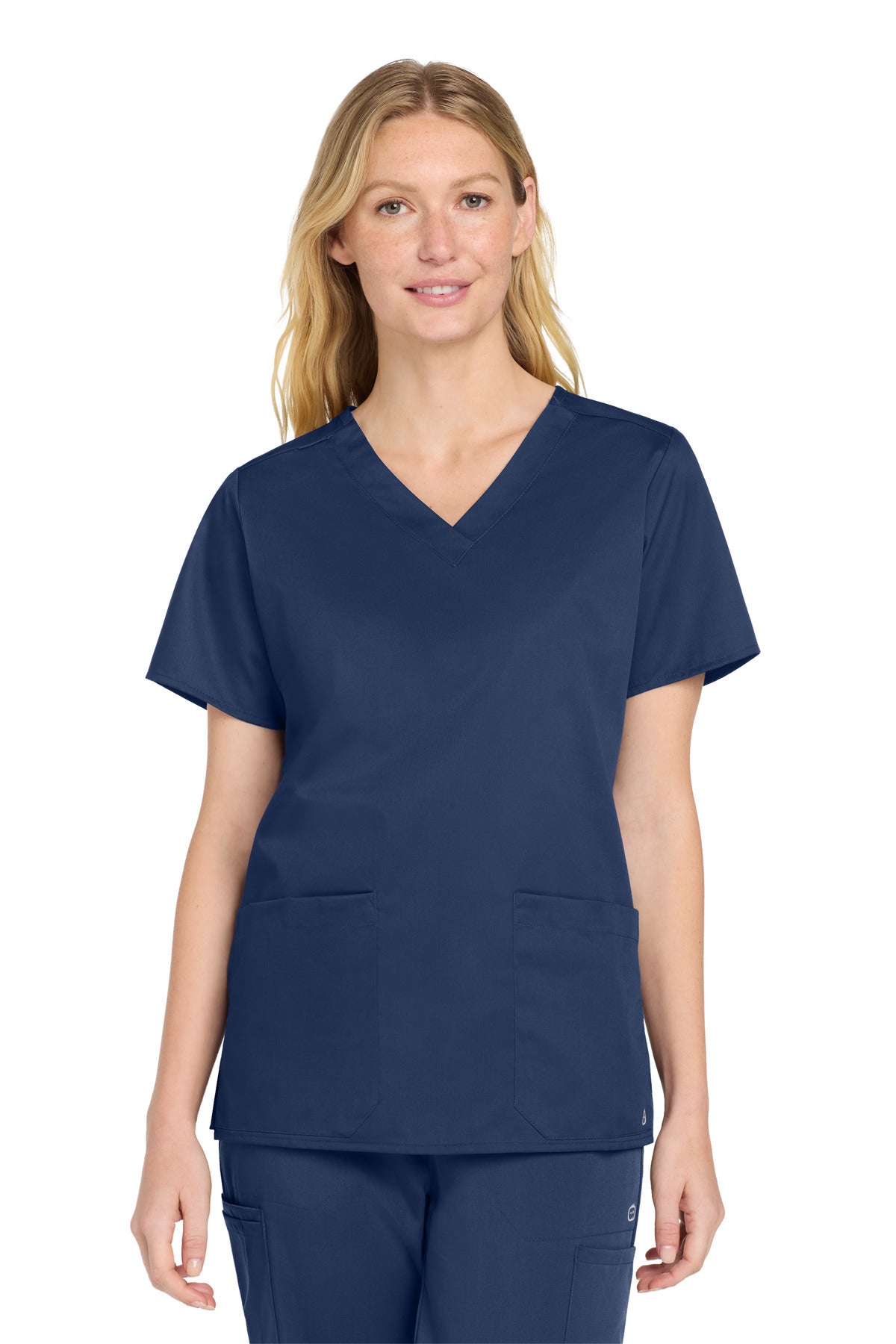 Front View of Navy Wink Women's WorkFlex V-Neck Top WW4560