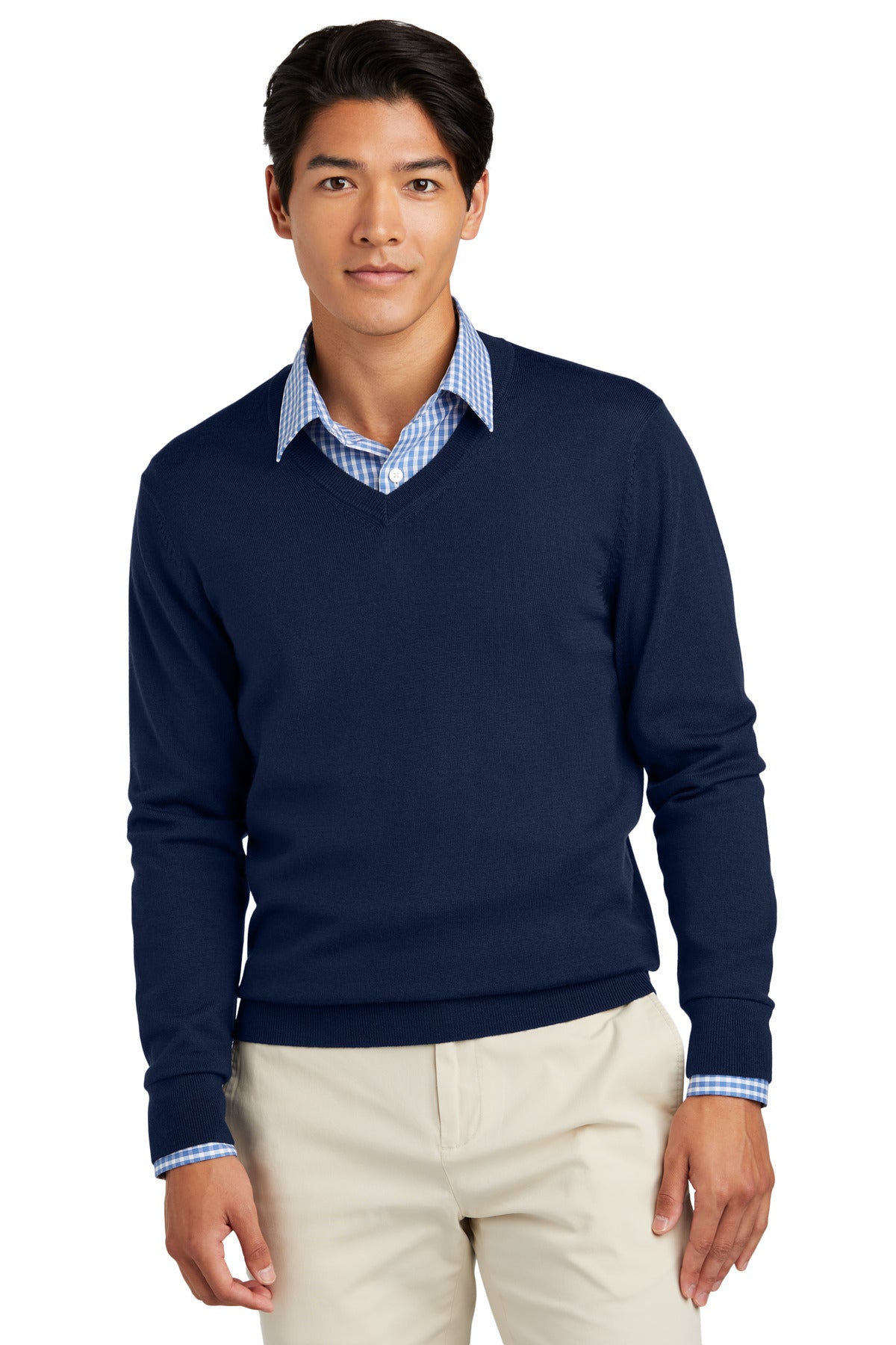 Front View of NavyBlazer Brooks Brothers Washable Merino V-Neck Sweater BB18410
