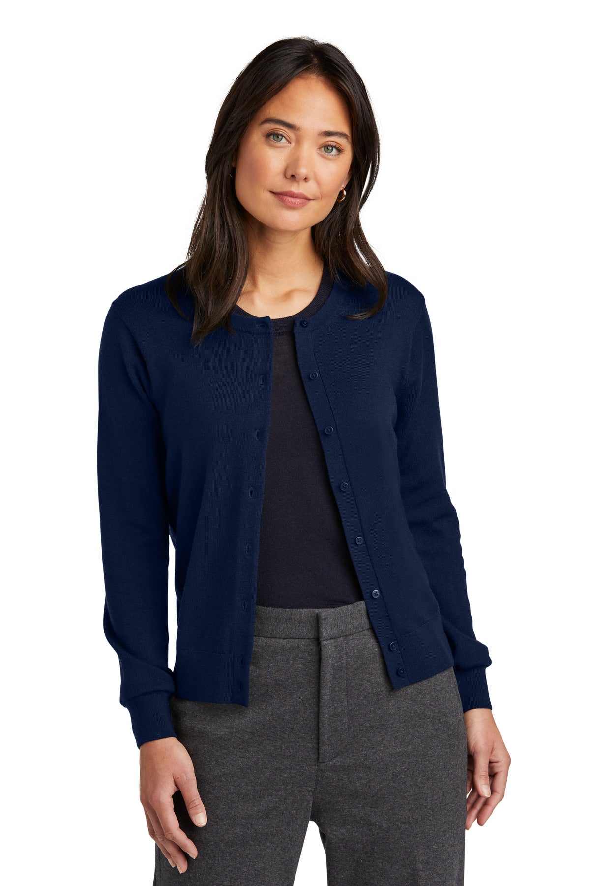 Front View of NavyBlazer Brooks Brothers Women's Washable Merino Cardigan Sweater BB18413