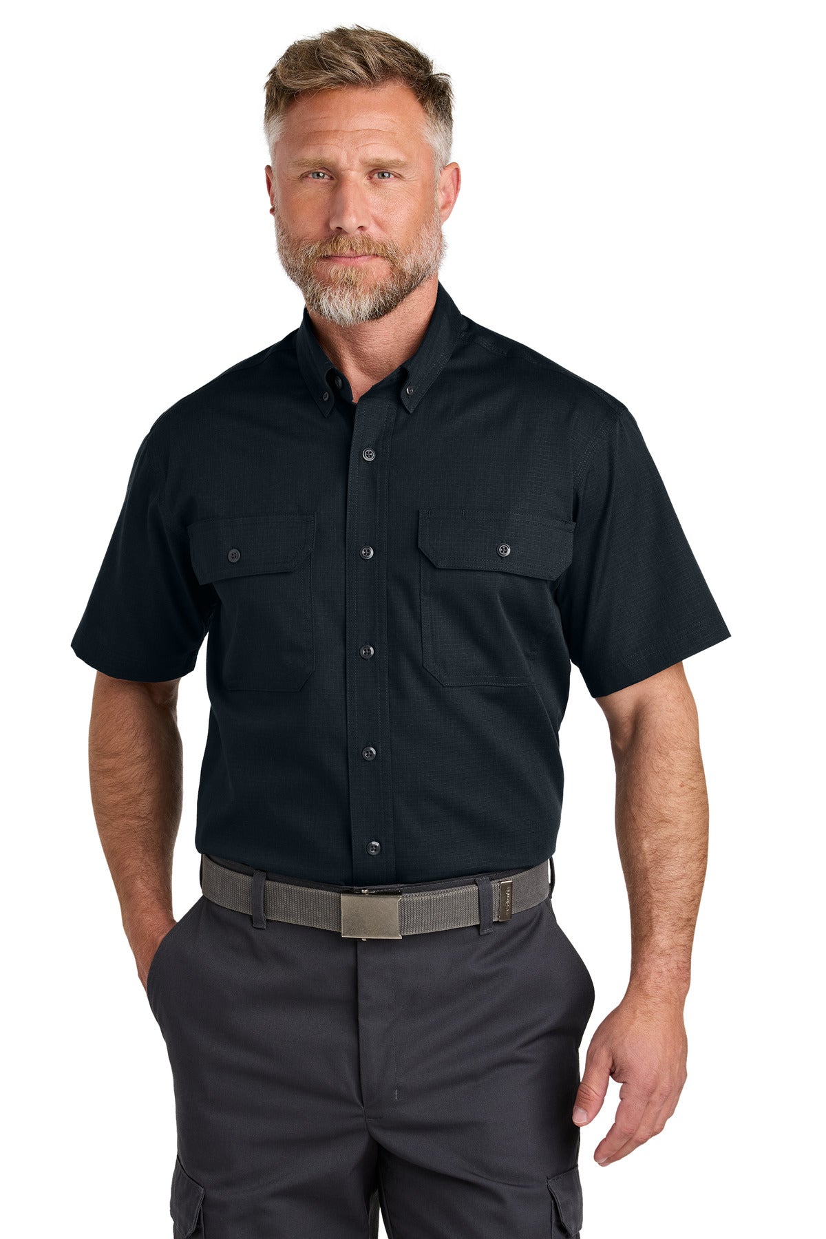 Front View of NavyBlue CornerStone Short Sleeve Select Ripstop Shirt CSW175
