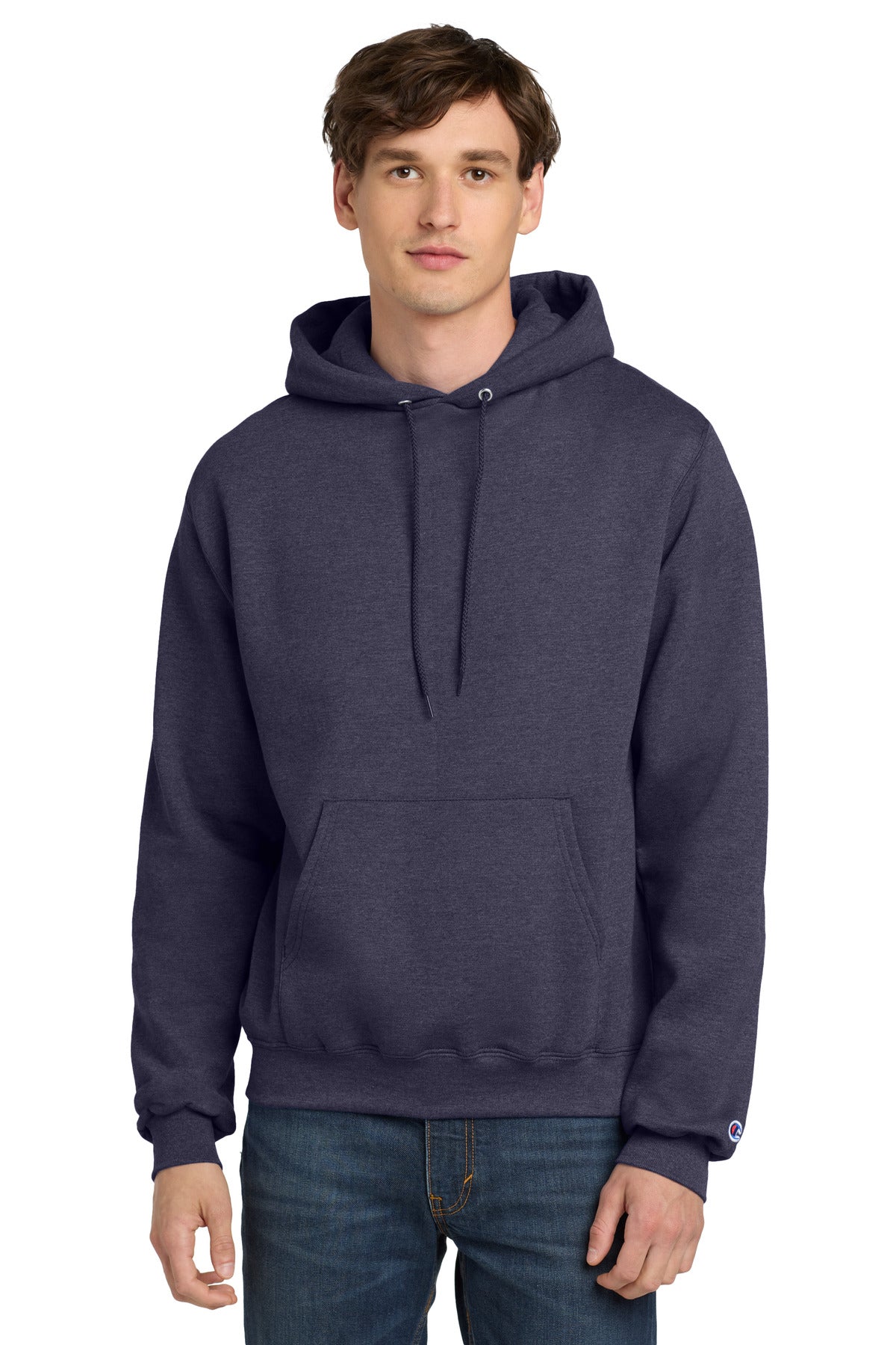 Front View of NavyHthr Champion Powerblend Pullover Hoodie. S700