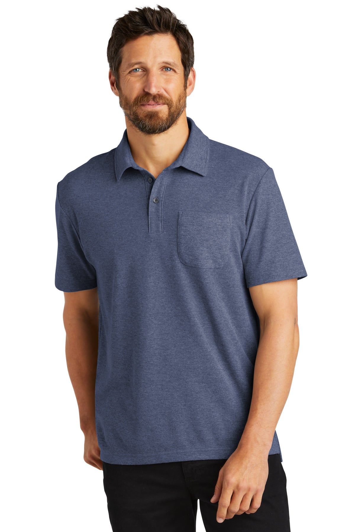 Front View of NavyHthr Port Authority C-FREE Cotton Blend Pique Pocket Polo K868
