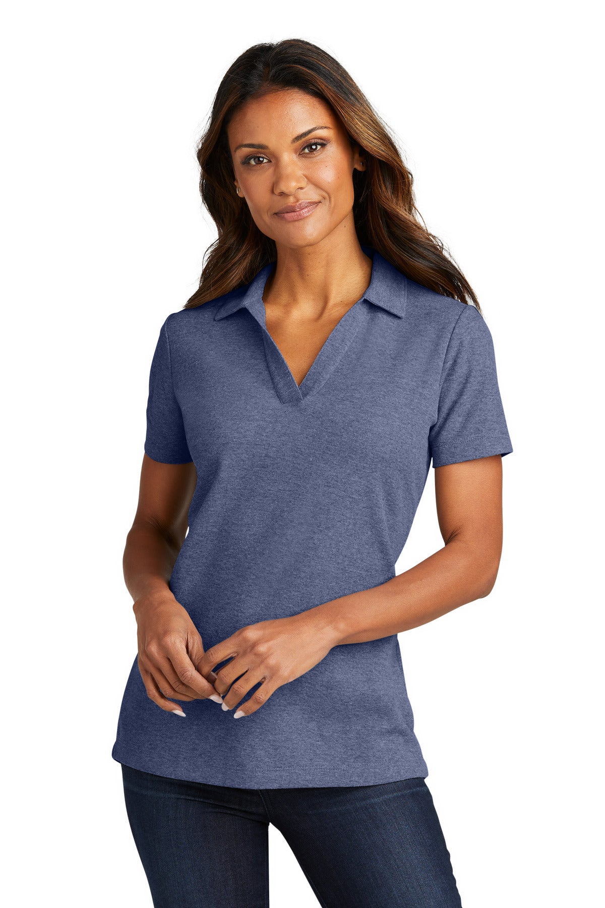 Front View of NavyHthr Port Authority Women's C-FREE Cotton Blend Pique Polo LK867