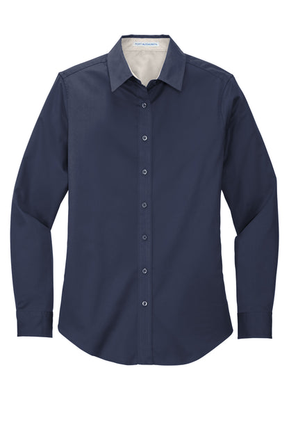 Front View of Navy/Lt Stone Port Authority Women's Long Sleeve Easy Care Shirt. L608