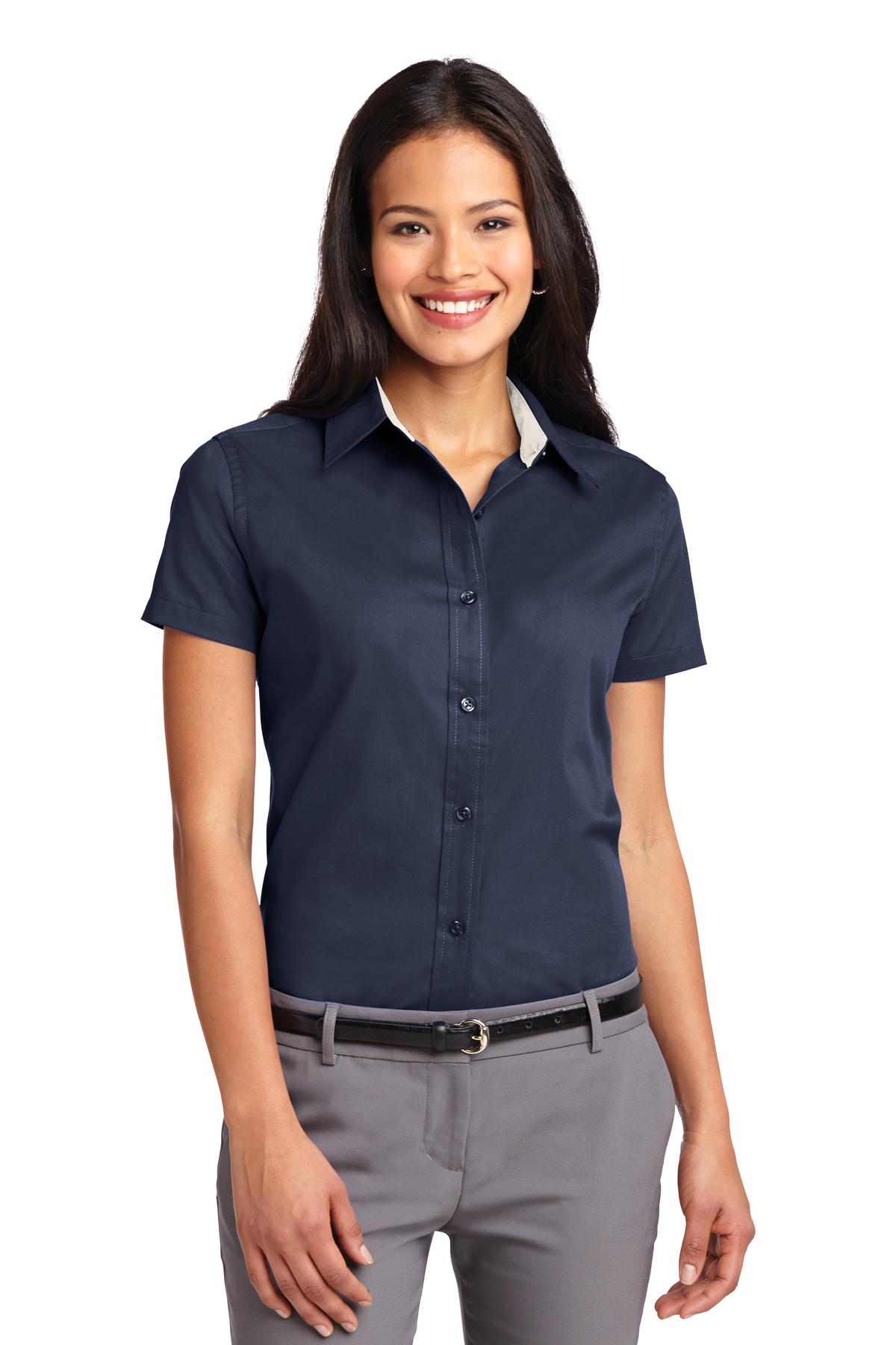 Front View of Navy/Lt Stone Port Authority Women's Short Sleeve Easy Care Shirt. L508