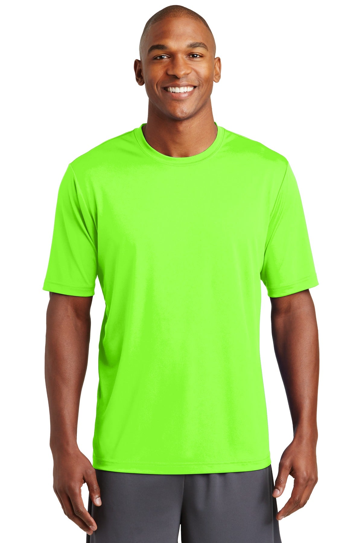 Front View of Neon Green Sport-Tek PosiCharge Tough Tee . ST320