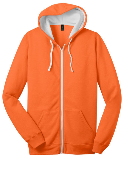 Front View of Neon Orange District The Concert Fleece Full-Zip Hoodie. DT800