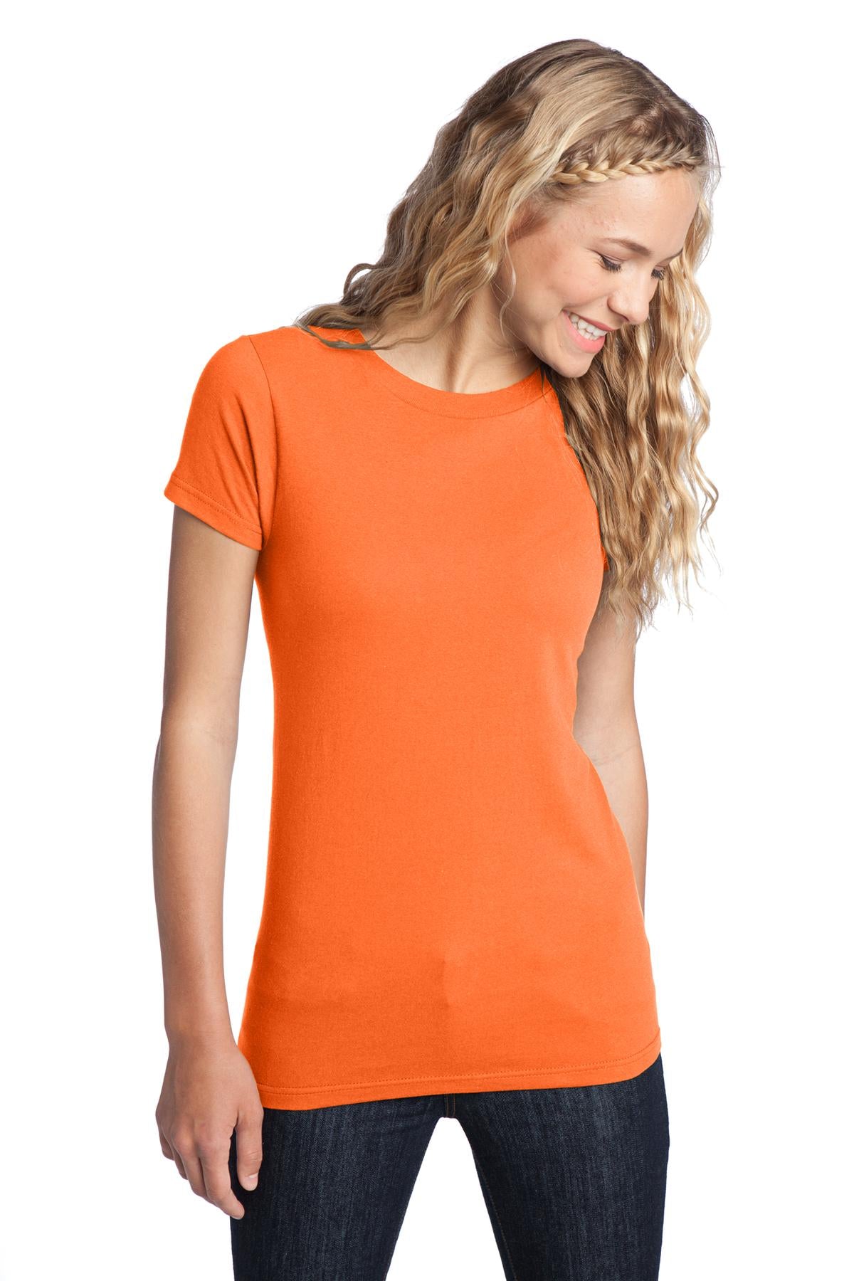 Front View of Neon Orange District Women's Fitted The Concert Tee DT5001