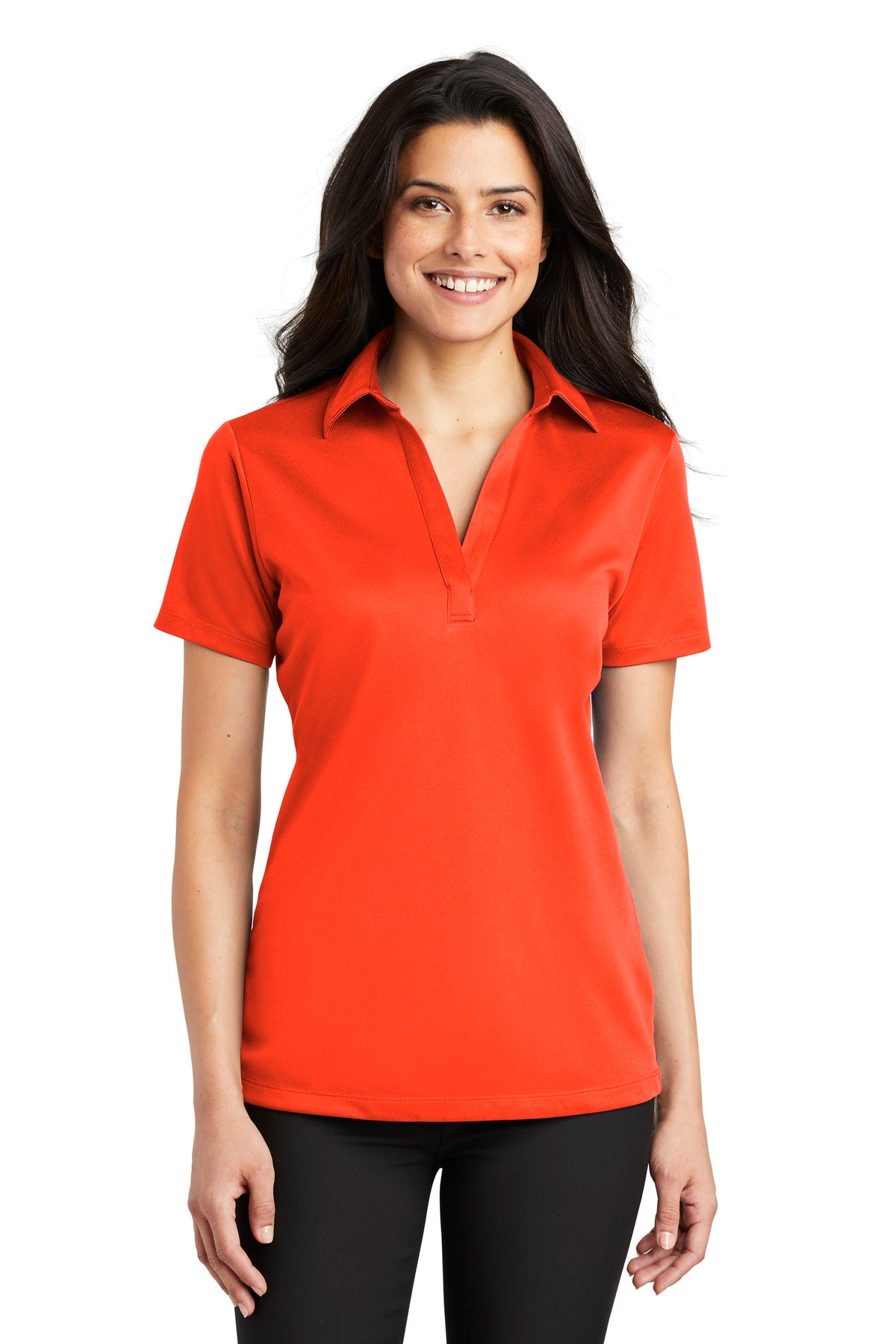 Front View of Neon Orange Port Authority Women's Silk Touch Performance Polo. L540