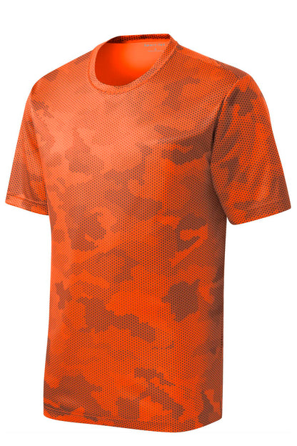Front View of Neon Orange Sport-Tek CamoHex Tee. ST370