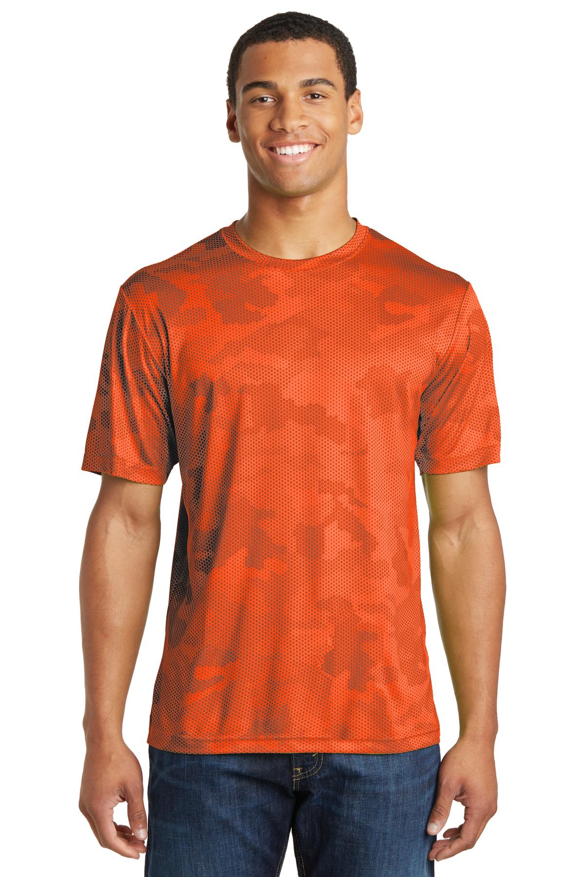 Front View of Neon Orange Sport-Tek CamoHex Tee. ST370