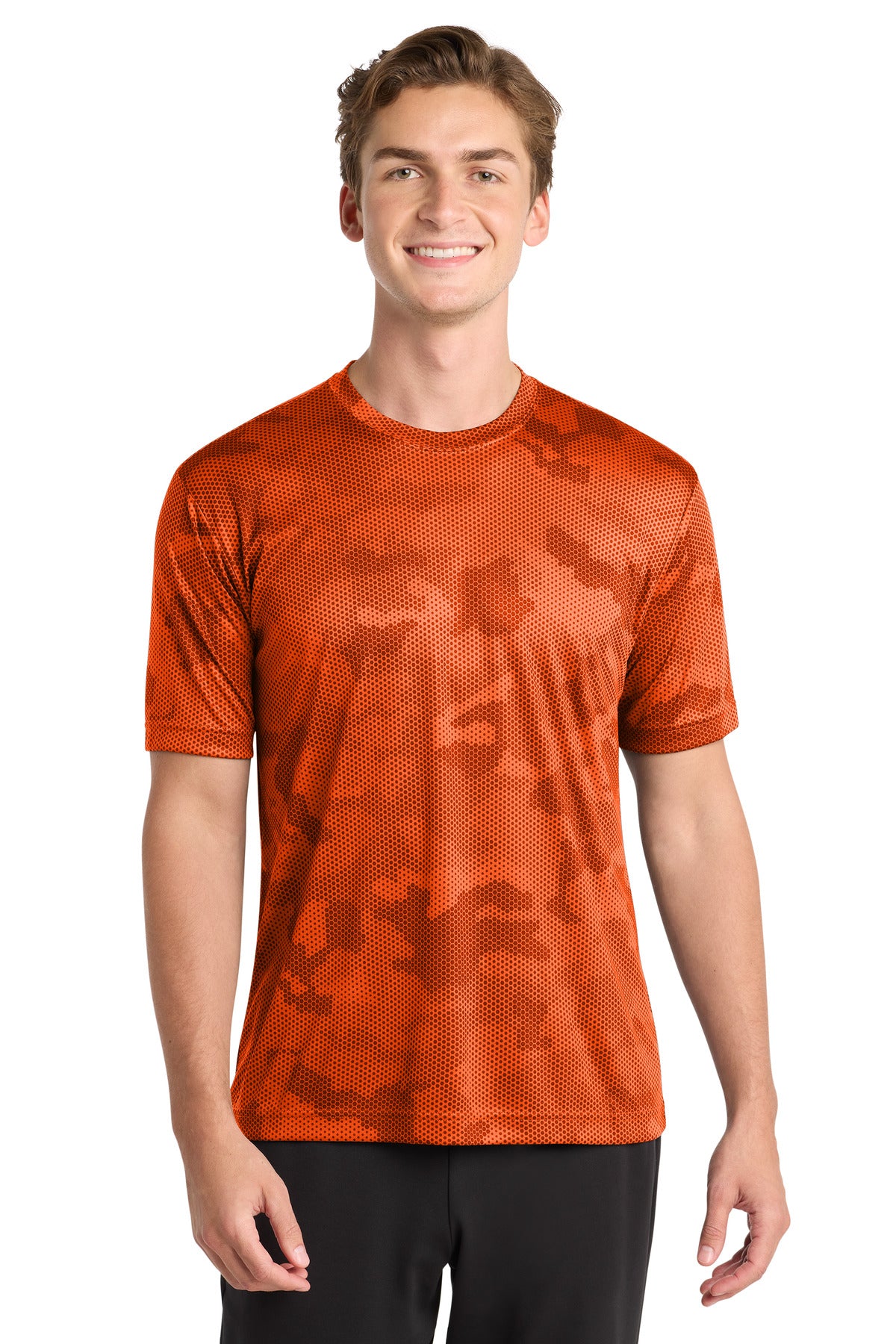Front View of Neon Orange Sport-Tek CamoHex Tee. ST370