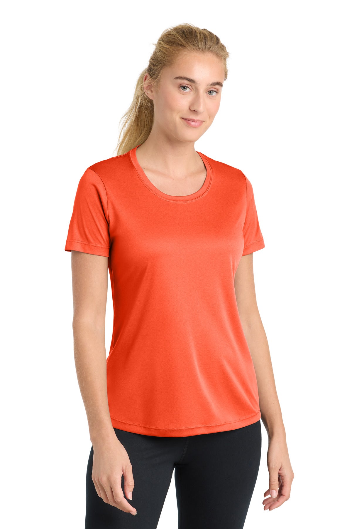 Front View of Neon Orange Sport-Tek Women's PosiCharge Competitor Tee. LST350