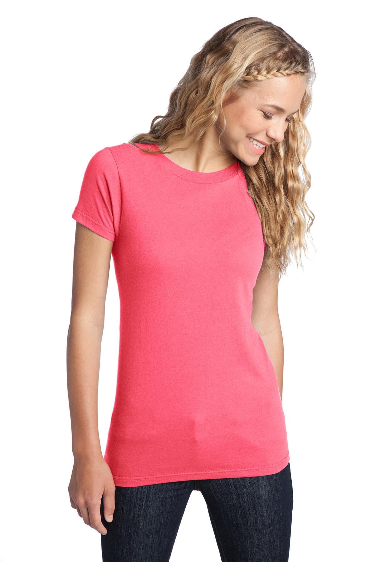 Front View of Neon Pink District Women's Fitted The Concert Tee DT5001