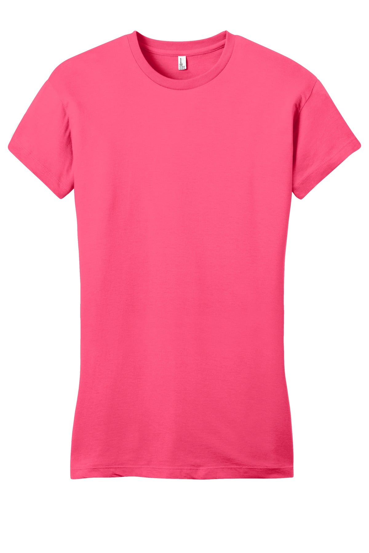 Front View of Neon Pink District Women's Fitted Very Important Tee . DT6001
