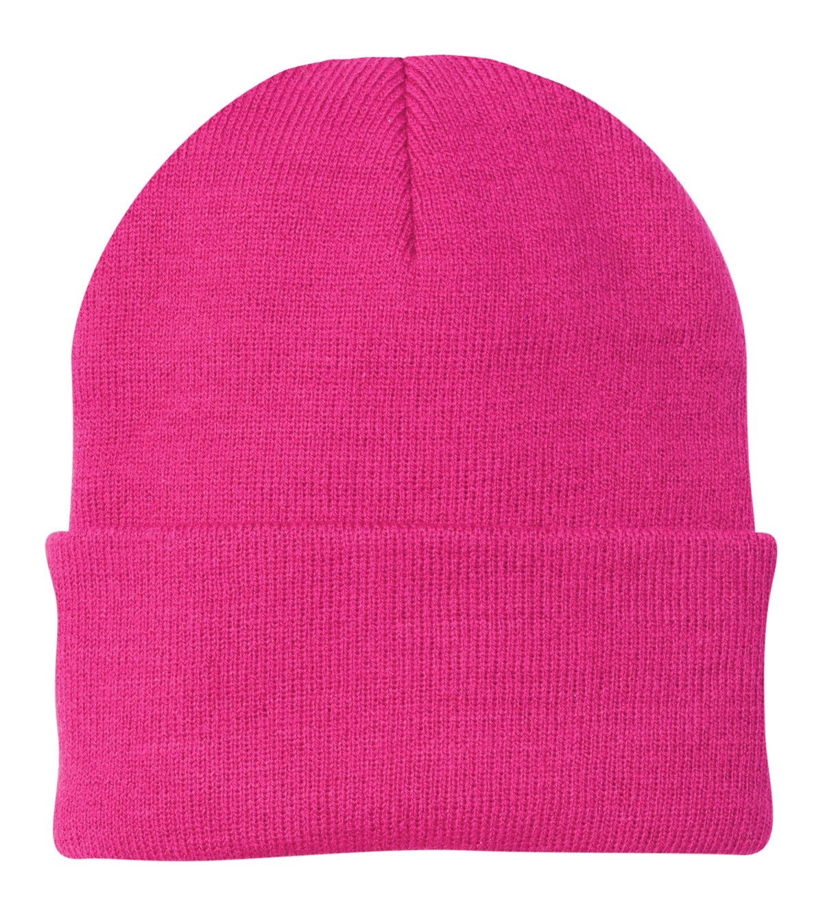 Front View of Neon Pink Glo Port & Company Knit Cap. CP90