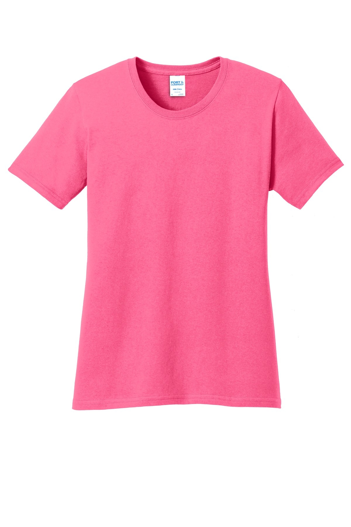 Front View of Neon Pink Port & Company Women's Core Cotton Tee. LPC54