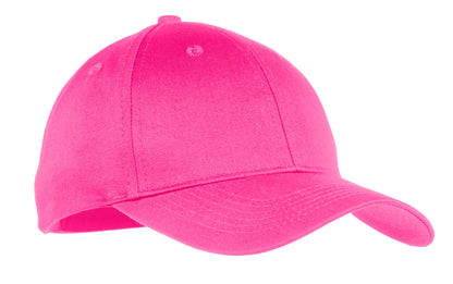 Front View of Neon Pink Port & Company Youth Six-Panel Twill Cap. YCP80