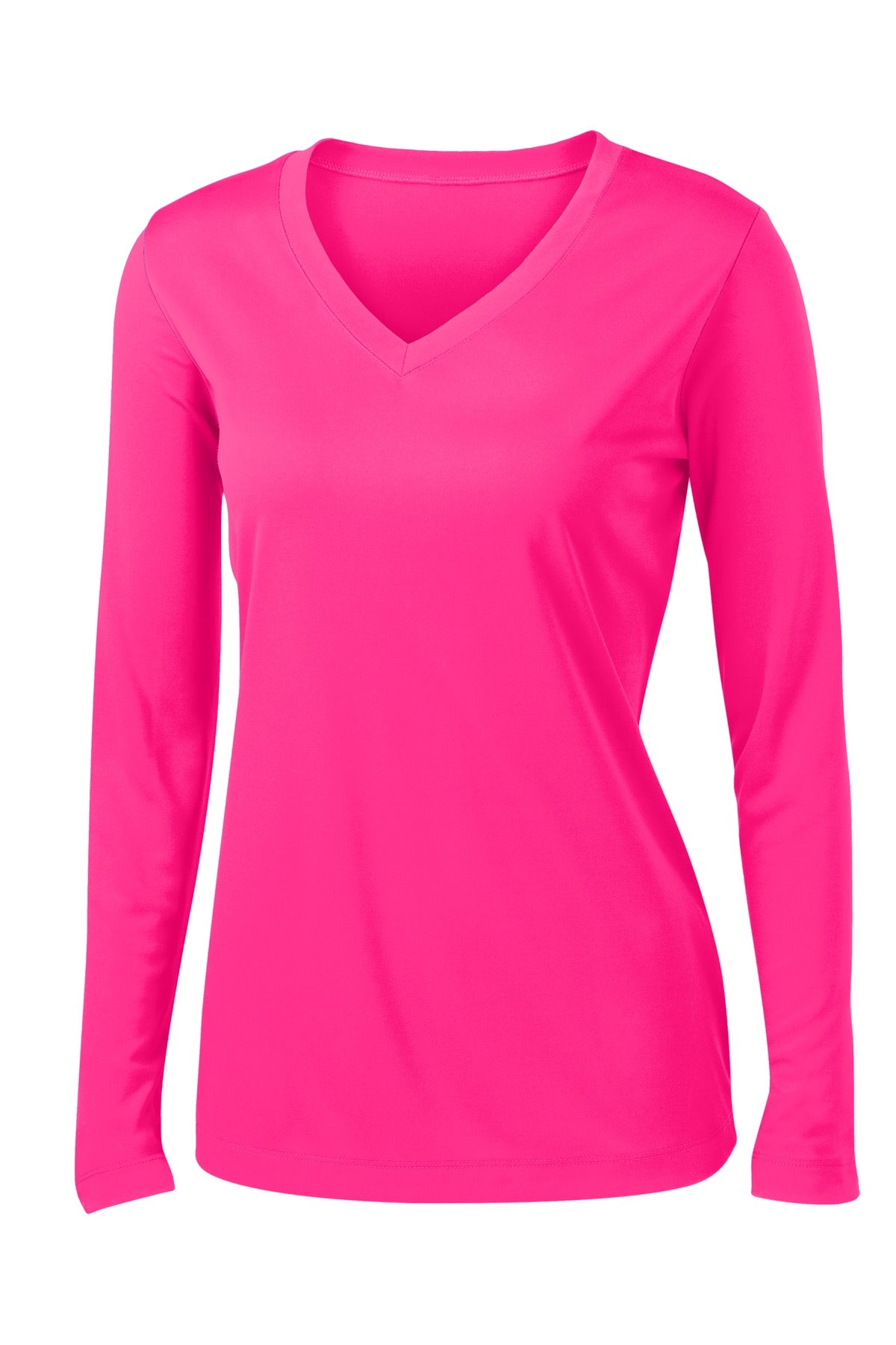 Front View of Neon Pink Sport-Tek Women's Long Sleeve PosiCharge Competitor V-Neck Tee. LST353LS