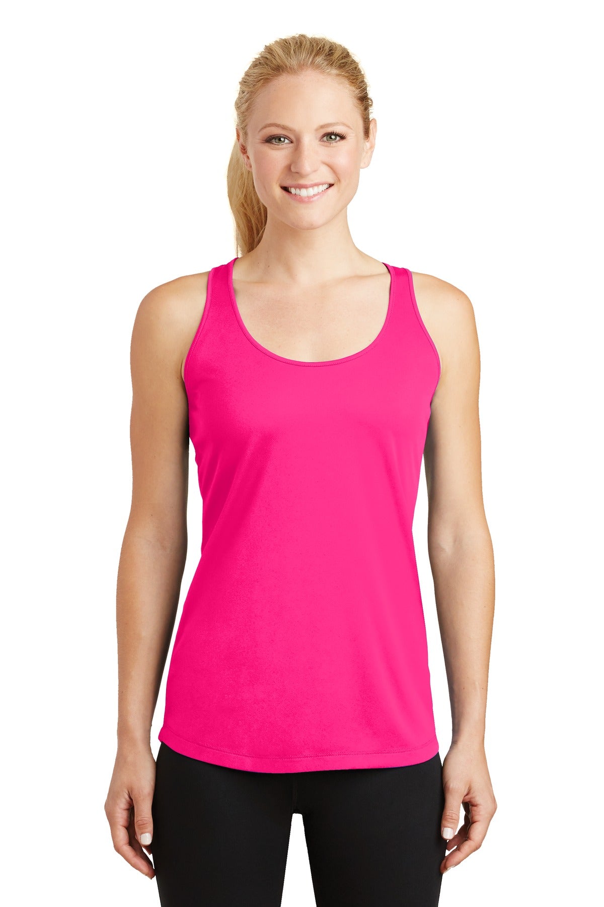 Front View of Neon Pink Sport-Tek Women's PosiCharge Competitor Racerback Tank. LST356