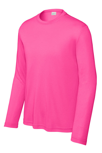Front View of Neon Pink Sport-Tek Youth Long Sleeve PosiCharge Competitor Tee. YST350LS