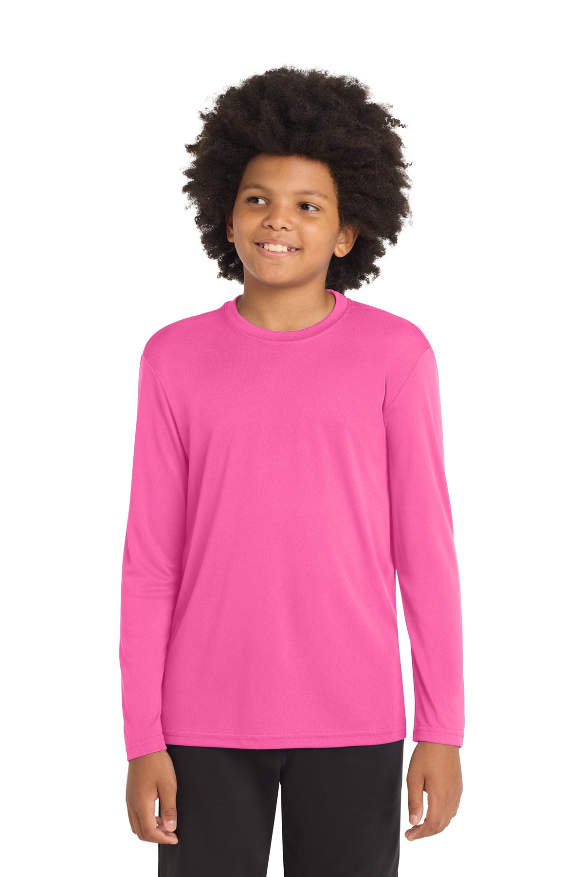 Front View of Neon Pink Sport-Tek Youth Long Sleeve PosiCharge Competitor Tee. YST350LS