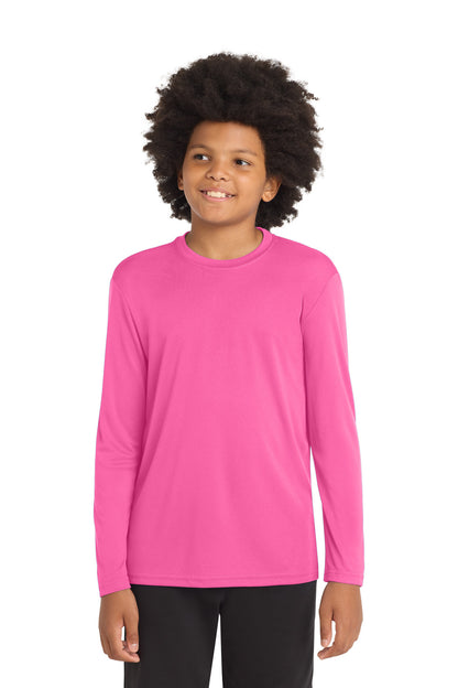 Front View of Neon Pink Sport-Tek Youth Long Sleeve PosiCharge Competitor Tee. YST350LS