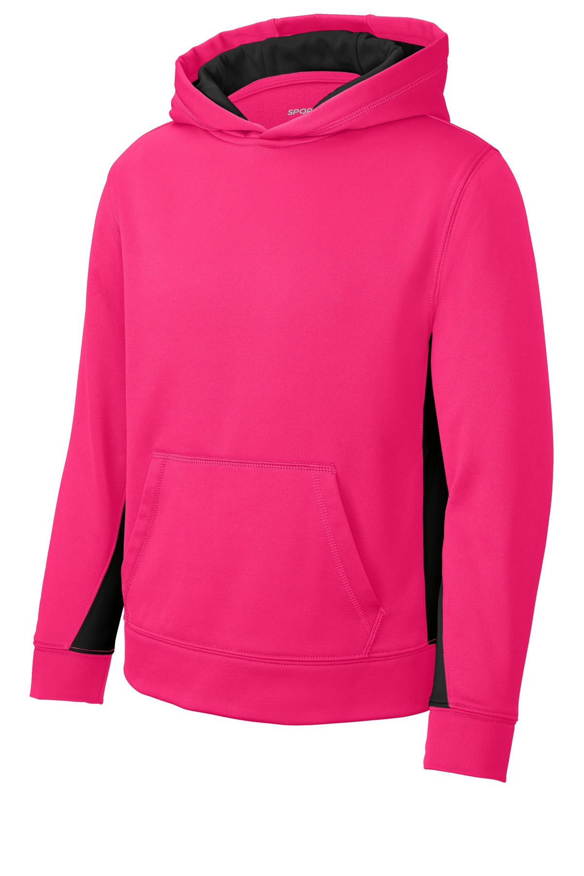 Front View of Neon Pink/Blk Sport-Tek Youth Sport-Wick Fleece Colorblock Hooded Pullover. YST235