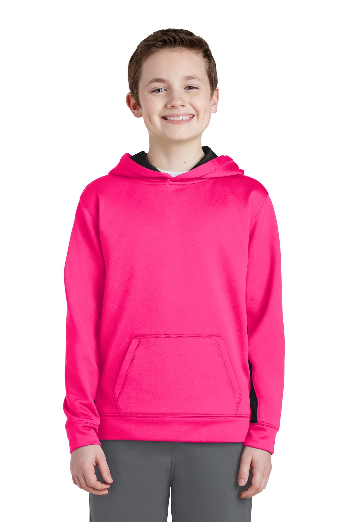 Front View of Neon Pink/Blk Sport-Tek Youth Sport-Wick Fleece Colorblock Hooded Pullover. YST235