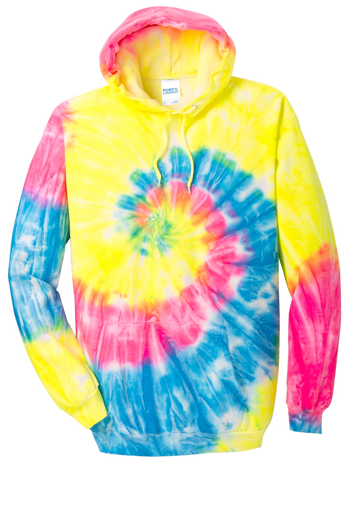 Front View of Neon Rainbow Port & Company Tie-Dye Pullover Hooded Sweatshirt. PC146