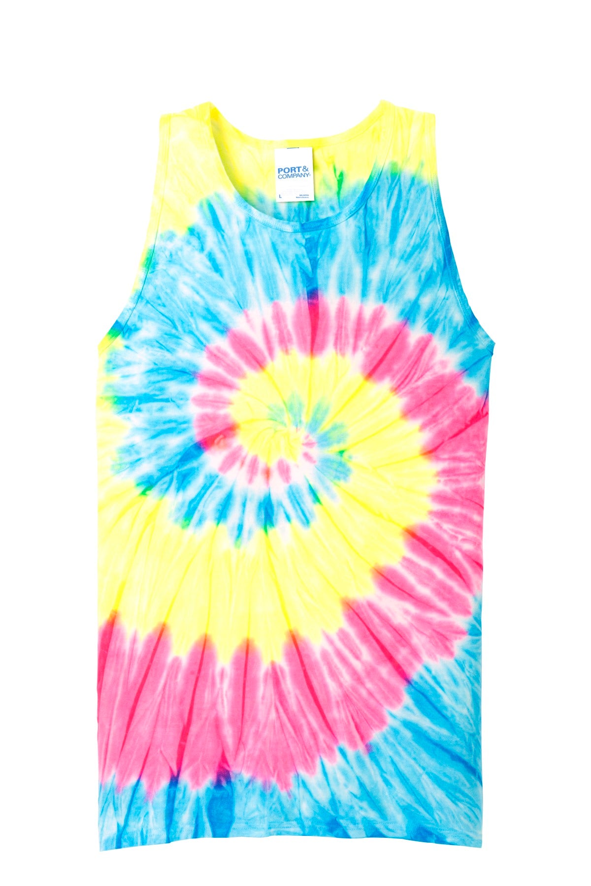 Front View of Neon Rainbow Port & Company Tie-Dye Tank Top. PC147TT