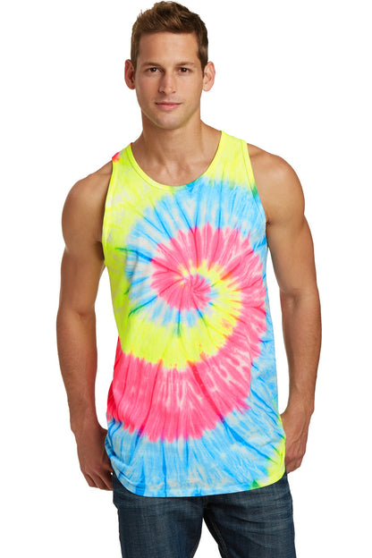 Front View of Neon Rainbow Port & Company Tie-Dye Tank Top. PC147TT