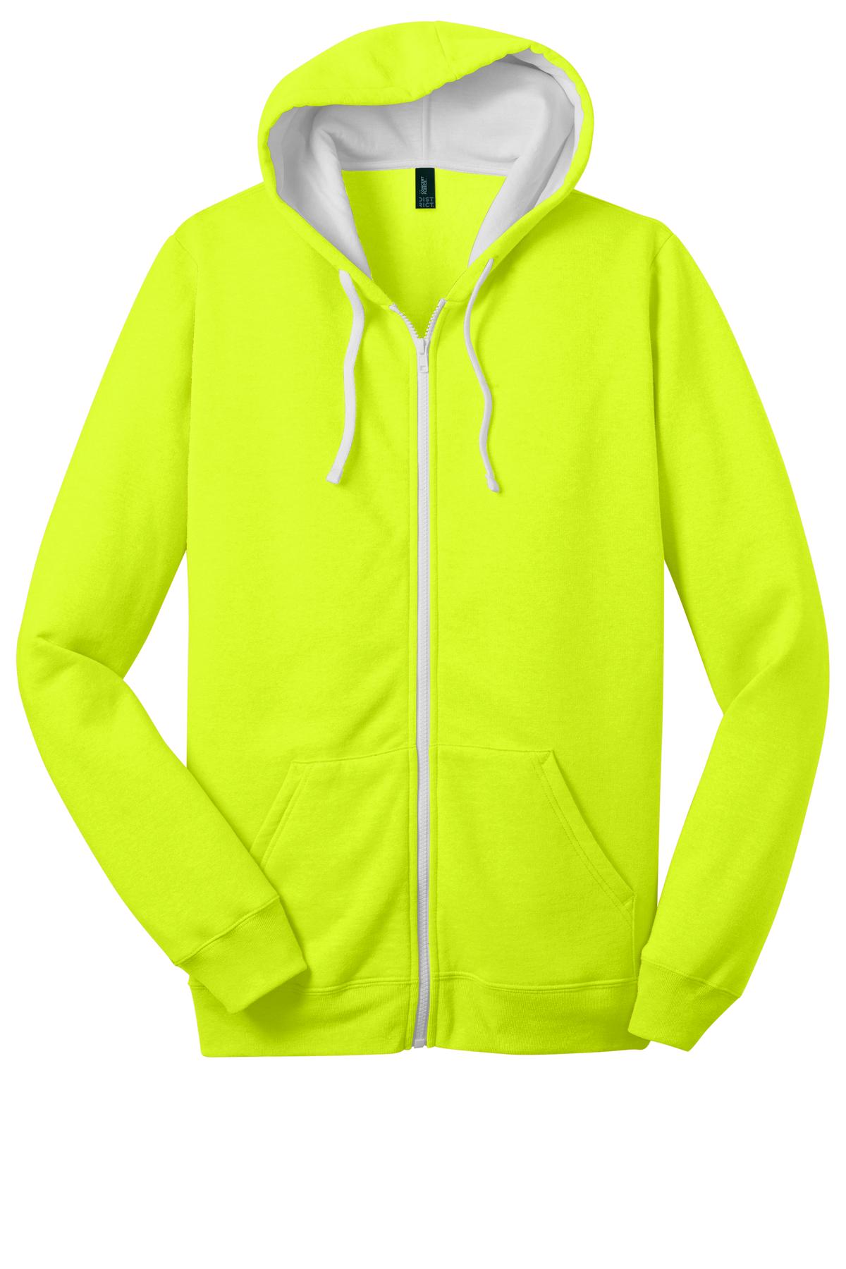 Front View of Neon Yellow District The Concert Fleece Full-Zip Hoodie. DT800