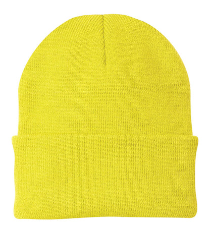 Front View of Neon Yellow Port & Company Knit Cap. CP90