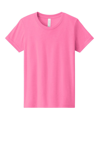 Front View of NeonPink BELLA+CANVAS Youth Heather CVC Tee BC3001YCVC