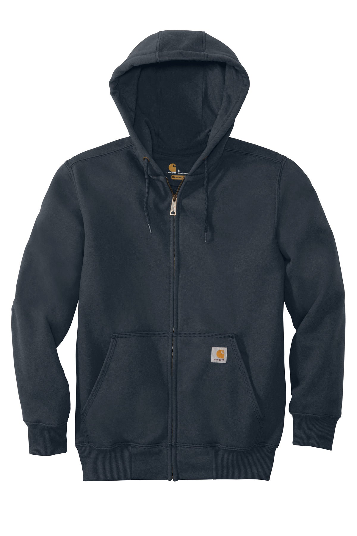 Front View of New Navy Carhartt Rain Defender Paxton Heavyweight Hooded Zip-Front Sweatshirt. CT100614