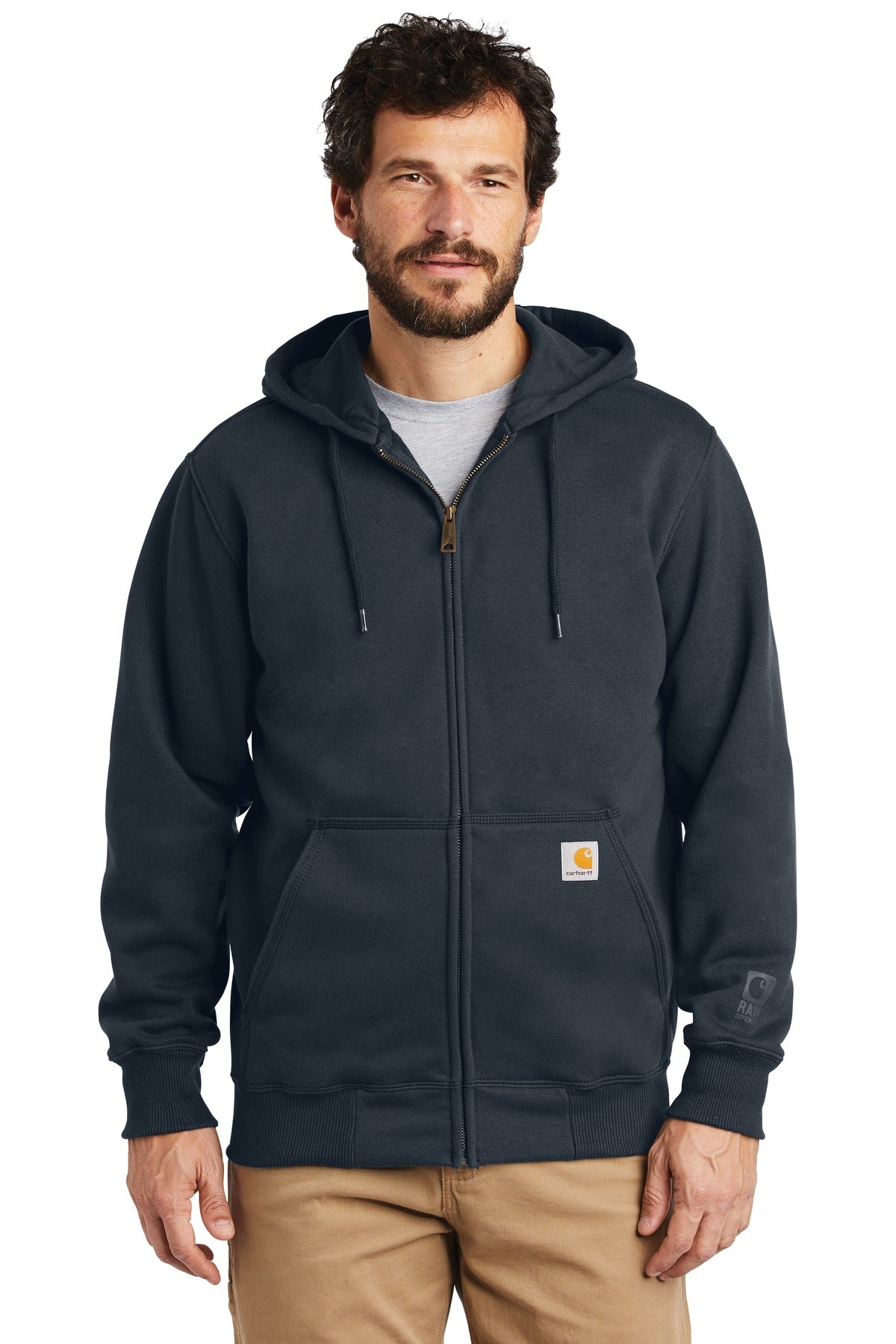 Front View of New Navy Carhartt Rain Defender Paxton Heavyweight Hooded Zip-Front Sweatshirt. CT100614