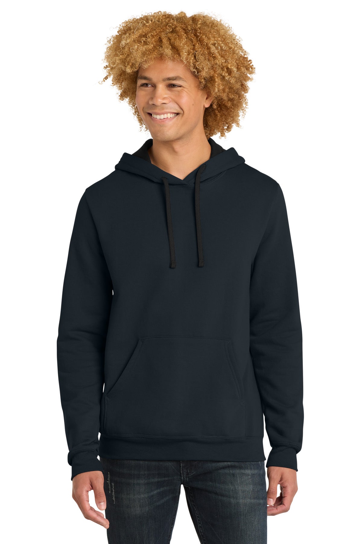 Front View of New Navy District The Concert Fleece Hoodie. DT810