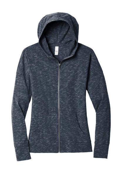 Front View of New Navy District Women's Medal Full-Zip Hoodie. DT665
