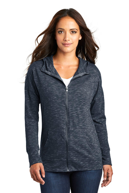Front View of New Navy District Women's Medal Full-Zip Hoodie. DT665