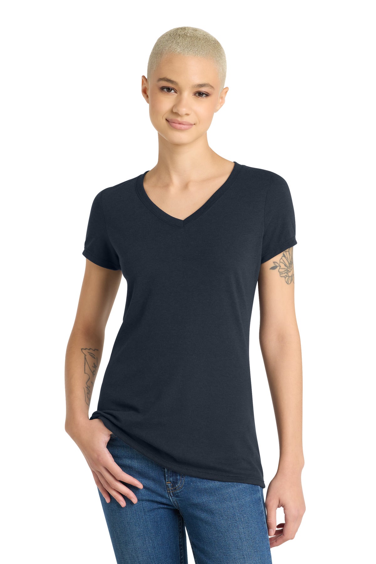 Front View of New Navy District Women's Perfect Tri V-Neck Tee. DM1350L