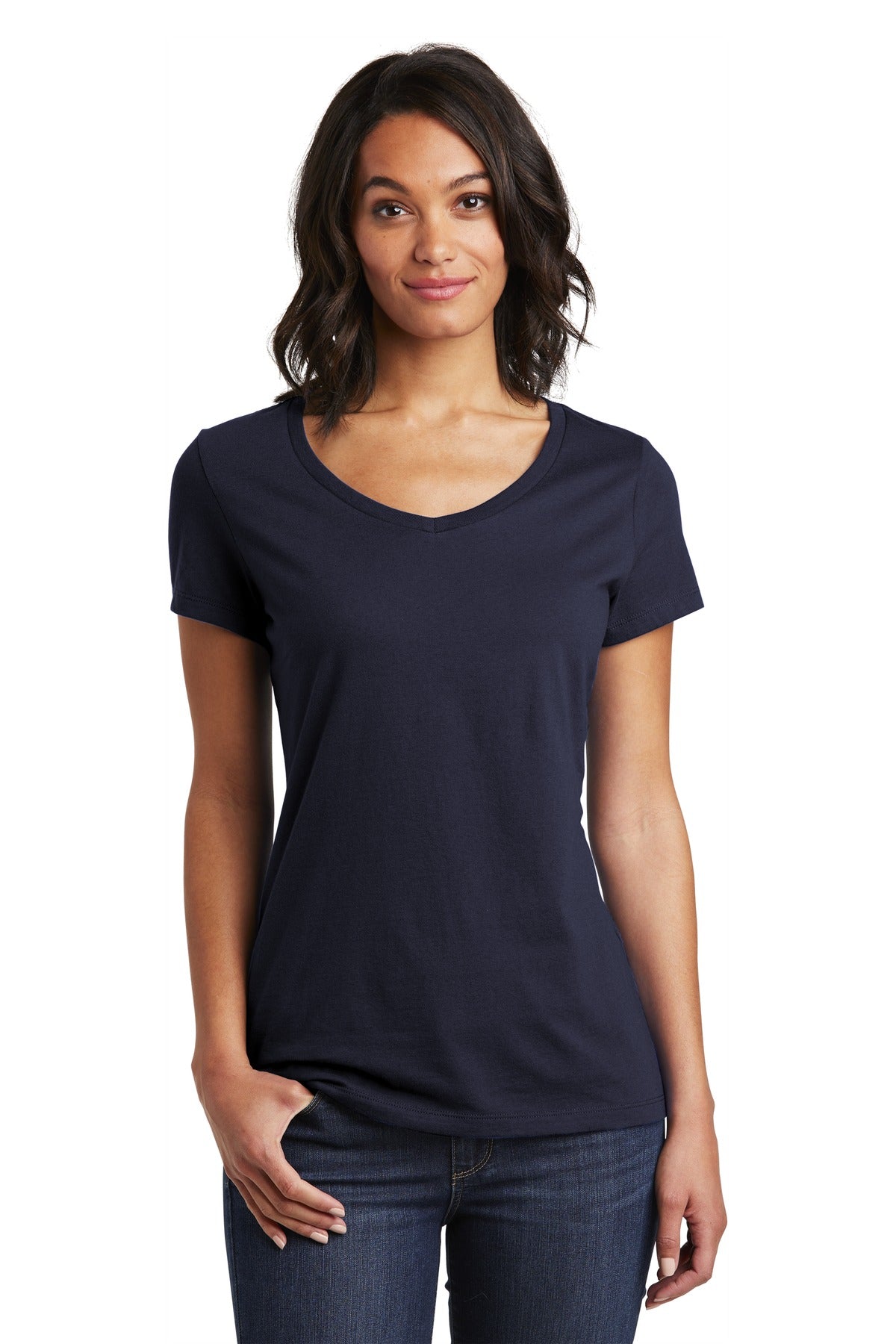 Front View of New Navy District Women's Very Important Tee V-Neck. DT6503