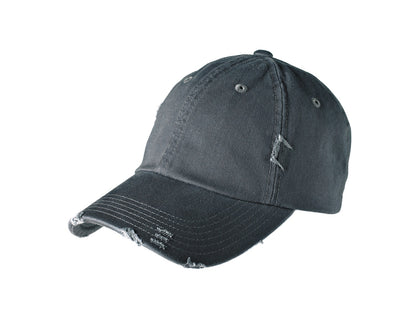 Front View of Nickel District Distressed Cap. DT600