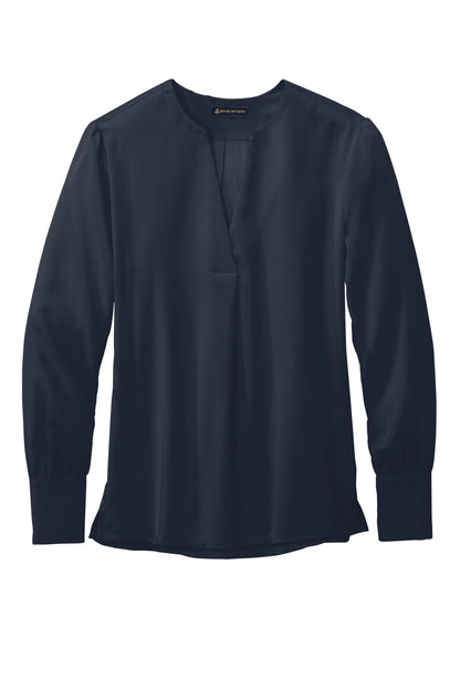 Front View of NightNavy Brooks Brothers Women's Open-Neck Satin Blouse BB18009