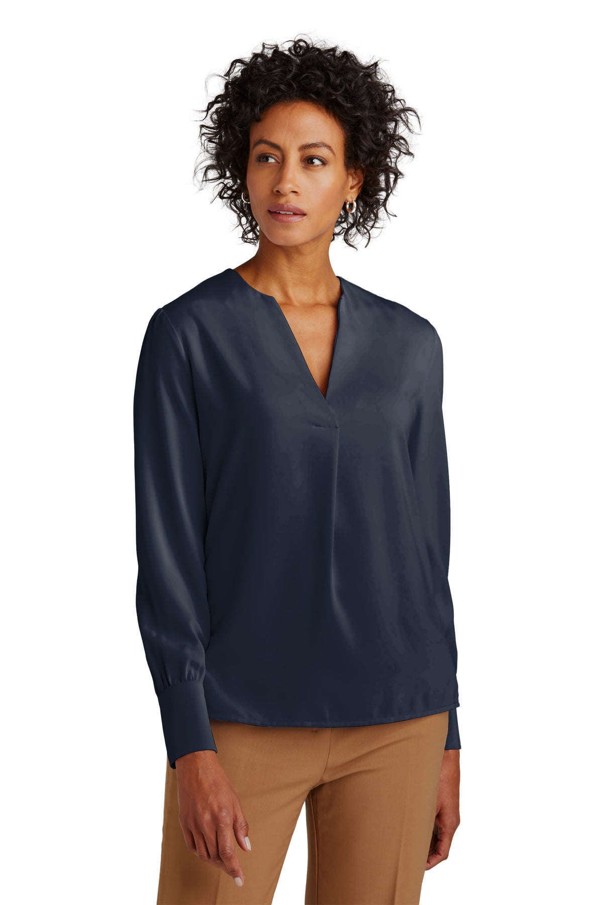 Front View of NightNavy Brooks Brothers Women's Open-Neck Satin Blouse BB18009